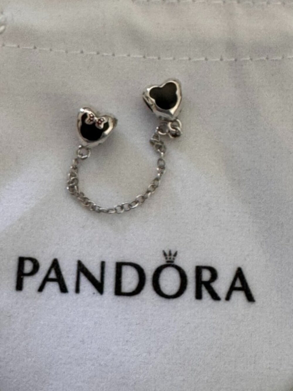 Disney Minnie Mouse Heart Safety Chain Charm Silver Tone Pandora